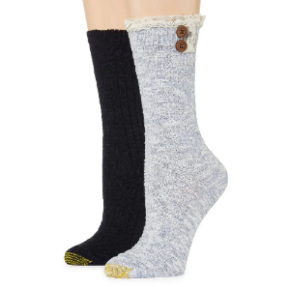 Gold Toe Cable Button Crew Boot Socks 2 Pair Shoe size 6-9 Women's New